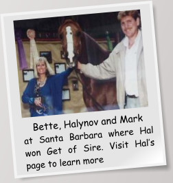 Bette, Halynov and Mark at Santa Barbara where Hal won Get of Sire. Visit Hal’s page to learn more
